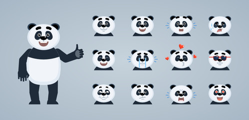 Set of cartoon panda emoticons. Panda avatars showing different facial expressions. Happy, sad, smile, laugh, cry, tired, in love, angry and other emotions. Flat vector illustration