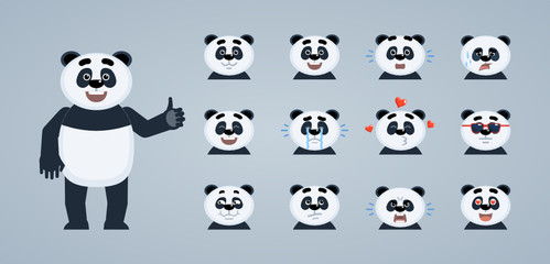 Naklejka premium Set of cartoon panda emoticons. Panda avatars showing different facial expressions. Happy, sad, smile, laugh, cry, tired, in love, angry and other emotions. Flat vector illustration