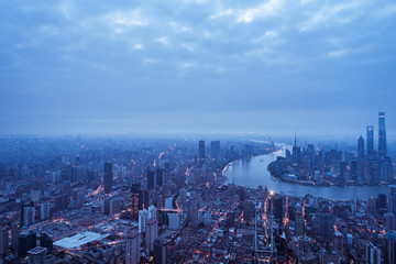 Fototapeta na wymiar aerial view of East Nanjing Road, Shanghai, China. In dawn