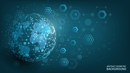 Vector. Blue background. Geometric sphere. Planet Earth. Global social network. Future. Hexagon. Internet and technology. Abstract image of dots and lines. Modern science.