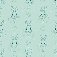 Cute vector seamless pattern background with hand drawn, doodle bunny, rabbit and decorated eggs for Easter holiday design.