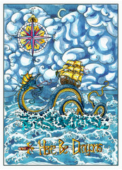 Sea dragon Leviathan and old sailboat, compass, in sea storm with waves