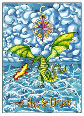 Fantasy dragon snorting fire and compass against sea stormy waves and clouds