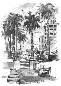 vector Downtown with street and buildings of Miami City in Florida. Watercolor splash with hand drawn sketch illustration in. retro silhouettes of palm trees.