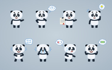 Set of baby panda characters showing different actions. Cute panda thinking, pointing up, laughing, crying, tired, full of energy, showing thumb up gesture, holding document. Flat vector illustration