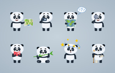 Obraz premium Set of baby panda characters showing different actions. Cute panda holding map, magnifying glass, photo camera, reading a book, eating bamboo, feeling dizzy, injured. Flat vector illustration