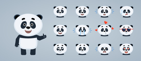 Set of cartoon baby panda emoticons. Baby panda avatars showing different facial expressions. Happy, sad, cry, laugh, tired, surprised, in love and other emotions. Simple vector illustration