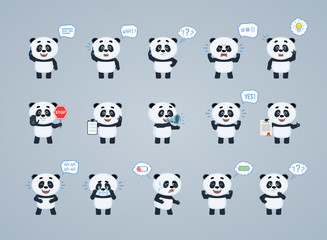 Big set of baby panda characters posing in different situations. Cheerful panda talking on the phone, holding stop sign, loudspeaker, document and doing other actions. Flat vector illustration