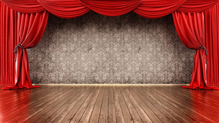 Fototapeta premium Theater stage with red curtain and parquet ground. 3D illustration