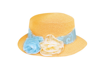 Woman hat with colorful fabric flower patterns isolated on white background with clipping path