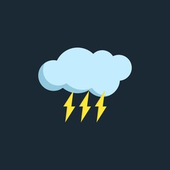 Modern vector illustration of the clouds and lightning. Flat forecast icon of a rainy weather. Meteorological symbol of storm isolated on dark background.