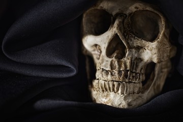 Obraz premium Closeup photo af old skull covered in black robe
