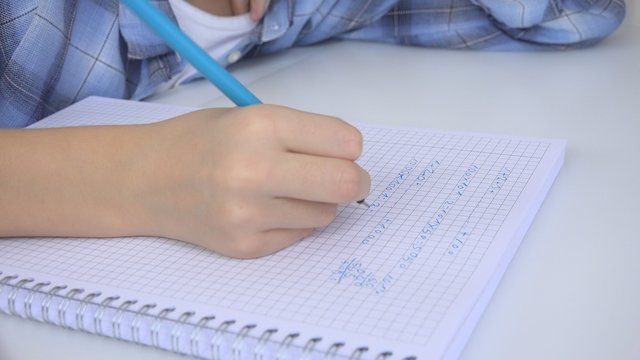 Child Writing in Classroom, Studying, Kid Homework, Student Learning Mathematics