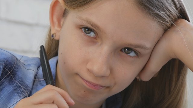 Child Studying on Tablet, Girl Writing in School Class, Learning Doing Homework