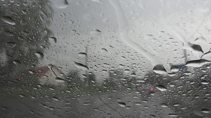 Traffic in Rain in City, Driving Car, Heavy Storm on Road, Highway, Rainy Drops