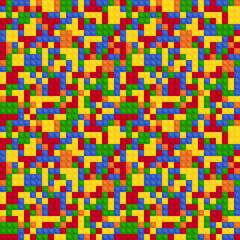 Modern realistic plastic brick banner on colorful backdrop. Vector abstract graphic design constructor. Creative concept.