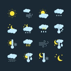 Set of modern weather icons. Flat collection of symbols of different weather isolated on dark blue trendy background. Vector illustration for mobile app, print, web.