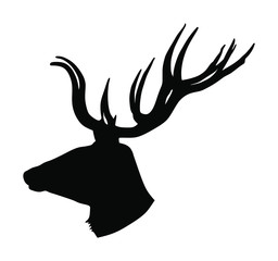 Deer head with antlers vector silhouette isolated on white background. Reindeer, proud Noble Deer male trophy. Powerful buck, red deer. Hunter hunting  wild animal, symbol of male power.