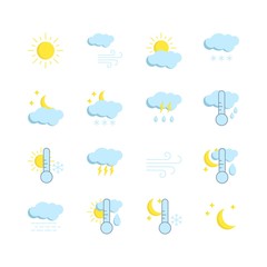 Vector set of modern weather icons. Flat collection of symbols of different weather isolated on white background. Vector illustration for mobile app, print, web.