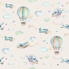 Behang Dieren met ballon Aquarel set achtergrond afbeelding van een leuke cartoon en mooie luchtscène compleet met vliegtuigen, helikopters, vliegtuig en ballonnen, wolken. Jongen naadloze patroon. Het is een babyshowerontwerp