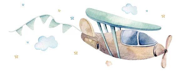 Abwaschbare Fototapete Kinderzimmer Aquarell-Hintergrundillustration einer niedlichen Cartoon- und ausgefallenen Himmelsszene komplett mit Flugzeugen, Hubschraubern, Flugzeug und Ballons, Wolken. Junge nahtlose Muster. Es ist ein Babyparty-Design