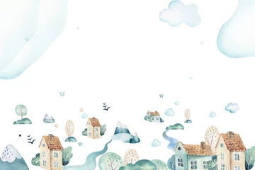 Vlies Fototapete Babyzimmer Aquarell-Hintergrundillustration einer niedlichen Cartoon- und ausgefallenen Himmelsszene komplett mit Flugzeugen, Hubschraubern, Flugzeug und Ballons, Wolken. Junge nahtlose Muster. Es ist ein Babyparty-Design
