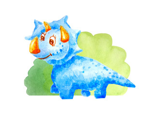 Blue kind happy dinosaur triceraptor  near the bushes isolated on a white background in watercolor style