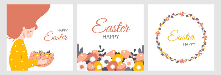 Happy Easter cards set. Vector illustration contains hand drawn wreath, spring flowers, Easter eggs, woman holds basket of eggs on light background. Festive concept