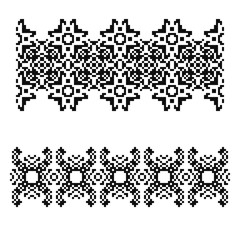 Set of 2 seamless borders in american indian style. Embroidery dotted schemes. Pixel navajo backgrounds. Textile geo prints. Beading chevron design.