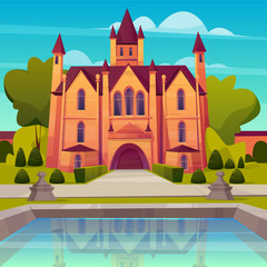 Obraz na płótnie Canvas Medieval castle, luxury villa, mansion in victorian architecture style cartoon vector. Ancient house with towers and gate, elite real estate object with swimming pool or fountain in yard illustration