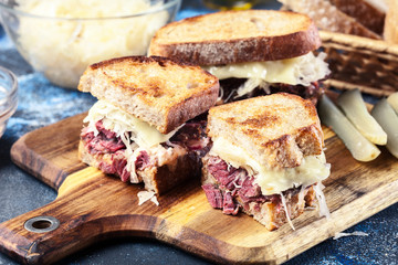 Reuben Sandwich with corned beef, cheese and sauerkraut