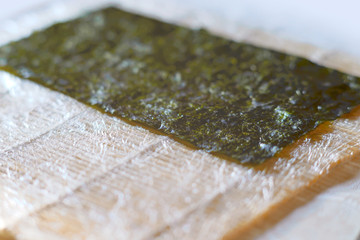 The process of making sushi rolls on a bamboo Mat