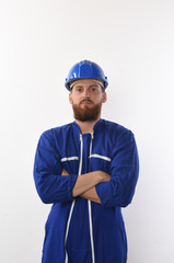 worker in blue working on white background