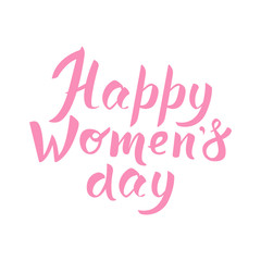 Happy Womens day hand drawn typographic lettering isolated on white background. Pink celebration phrase for March 8 greeting card. International womens day invitation design. Vector Illustration.