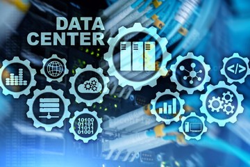 Data Center of the Future on a virtual screen. Business information technology concept. Storing...