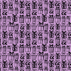 Seamless pattern with black gift boxes on violet background. Beautiful element for your design.