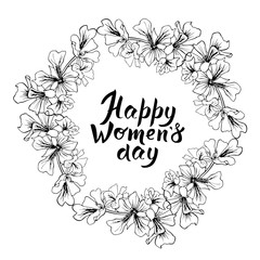 Hand drawn greeting card with black and white linear flowers and lettering phrase happy women's day on white background.  Tropical outline wreath with brush calligrathy.  illustration