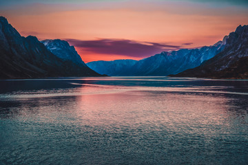 kangerlussuaq fjord at midnight sun