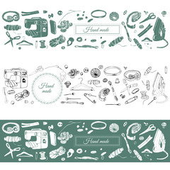 Set of items for sewing. Hand drawn sketch of different elements on turquoise and white background. Horizontal template for banner.