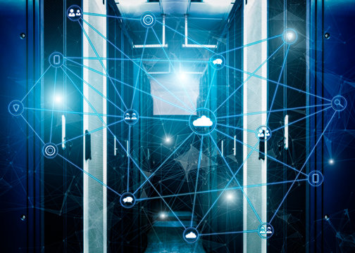 Telecommunication concept with abstract network structure and server room of modern data center background. - Powered by Adobe