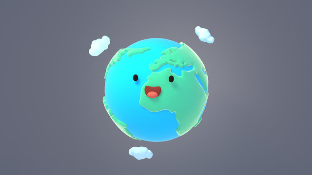 3d rendering picture of cute cartoon Earth with smiling face on gray background.