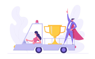 Business Success Career Goal Concept with Businesswoman Character Driving Truck Car with Prize and Super Businessman, Showing Accomplishment. Banner for Website, Web Page. Flat Vector Illustration