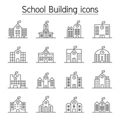 School building, College, University, Learning center icon set in thin line style