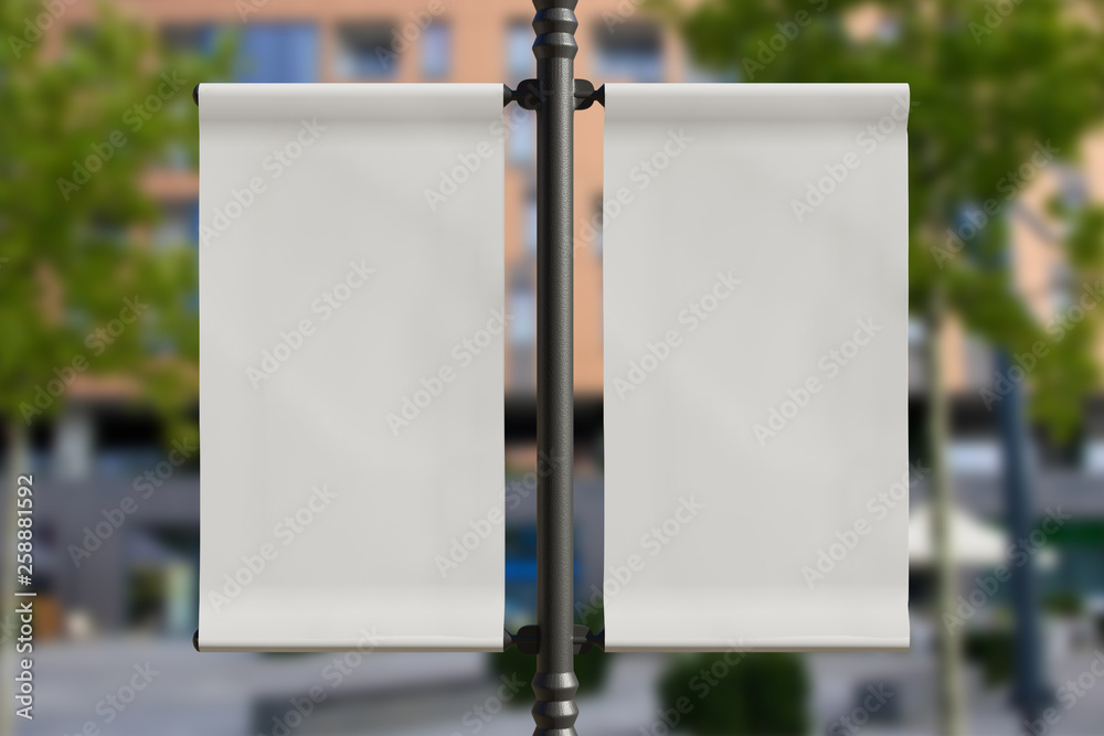 Wall mural 3d rendering of blank flag banner (empty advertisement) with clouds. empty mockup template