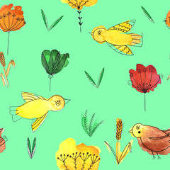 a seamless pattern with birds and flowers. raster illustration of line art and watercolor stains on a green background. Great for design of postcards, posters, stickers, wallpapers.