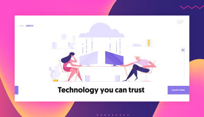Obraz premium Business Cloud Storage Datacenter Hosting Servers Concept with Businesspeople Characters Sitting in Front of Monitors. Landing Page with IT Progress for Website, Web Page. Flat Vector Illustration