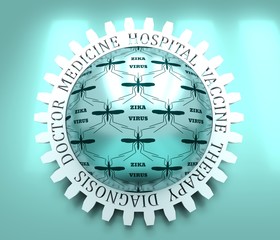 Mosquito silhouette icons. Insect transmitted diseases relative backdrop. Zika virus text. Abstract button. 3D rendering
