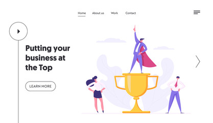 Business Team Spirit Creative Success, Career Cooperation Concept with Happy Proud Businesspeople Characters with Gold Cup Prize Award for Landing Page, Website, Web Page. Flat Vector Illustration