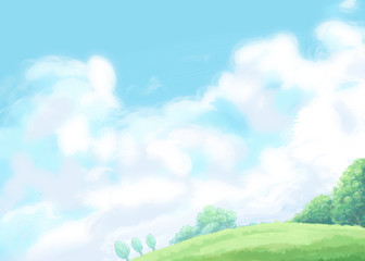 Obraz na płótnie Canvas Digital illustration of soft green meadow and blue sky background