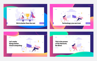Successful Teamwork Business Concept for Landing Page Set. People Characters with Car, and Working in Office with Computing Clouds Innovation Website, Web Page Template. Flat Vector Illustration